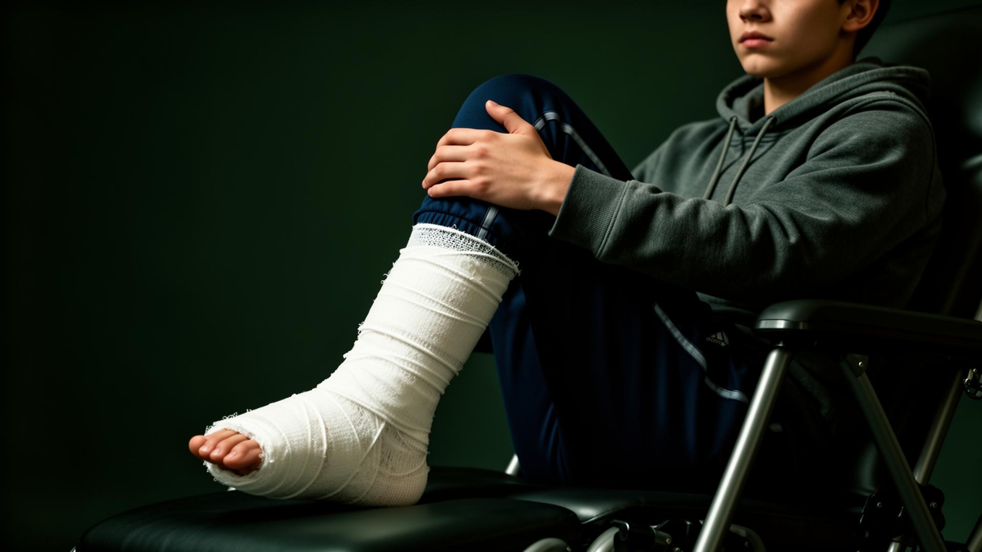 A young athlete in recovery, lower leg in a white sports cast, seated quietly in athletic clothing.